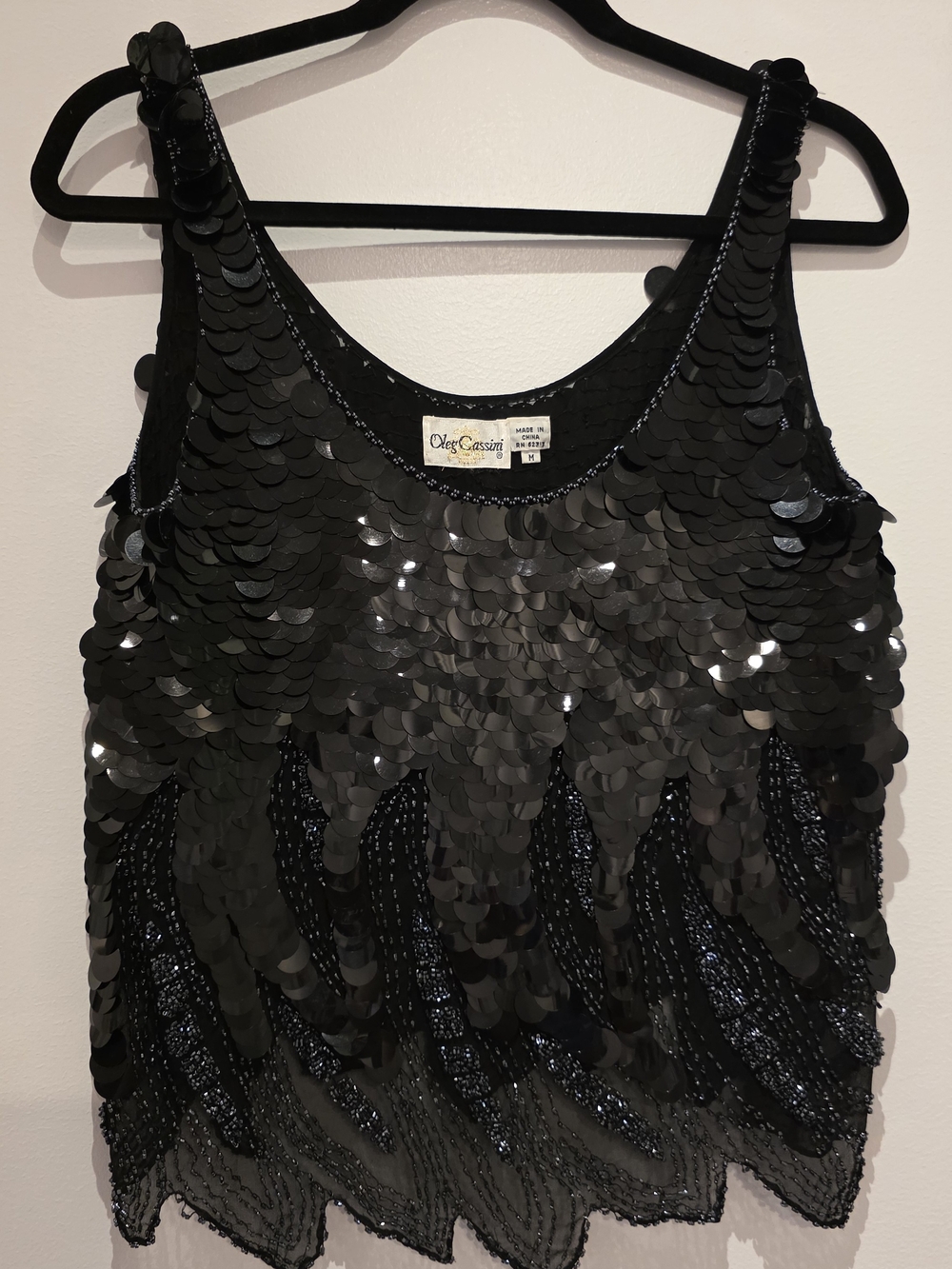 VINTAGE 1980s Oleg Cassini Black Sequin Fringe Beaded Tank Top Size M